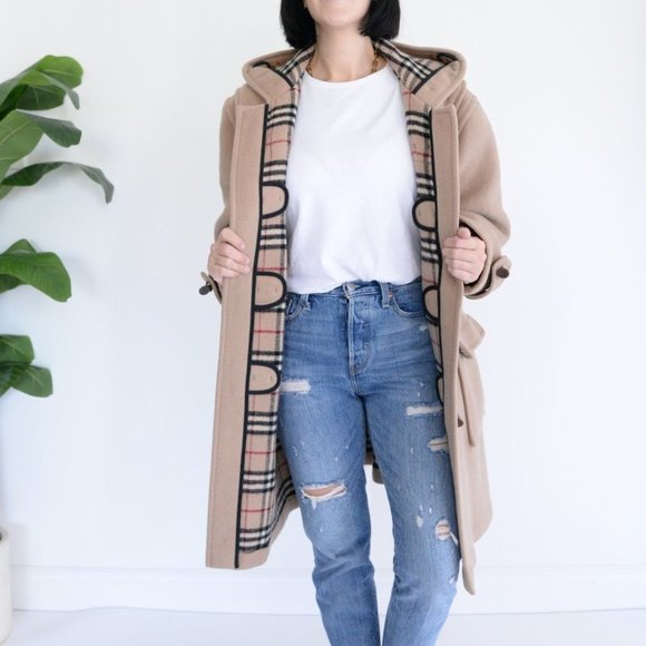 Burberry 100% Wool Beige Duffle Toggle Button Peacoat with Hood Winter Coat - Picture 2 of 16